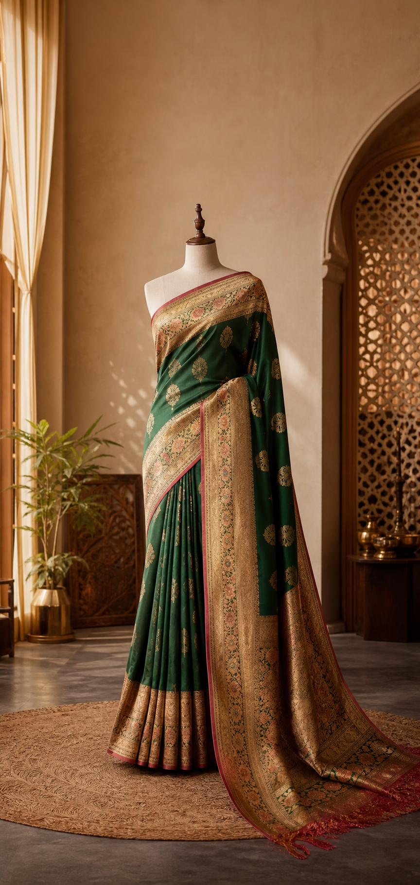 Emerald silk saree with antique gold zari draped in a boutique studio